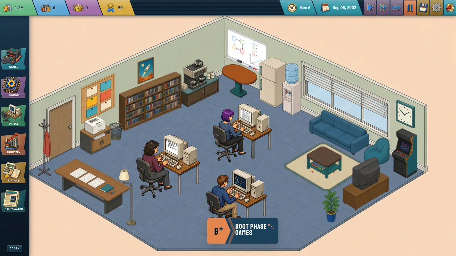 A growing Game Dev Dynasty office with a team working at their desks